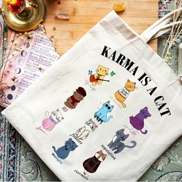 Taylor Swift Eras Tour Karma is a Cat Tote Bag Canvas Poster Cats 1989 Fearless - Picture 2 of 7